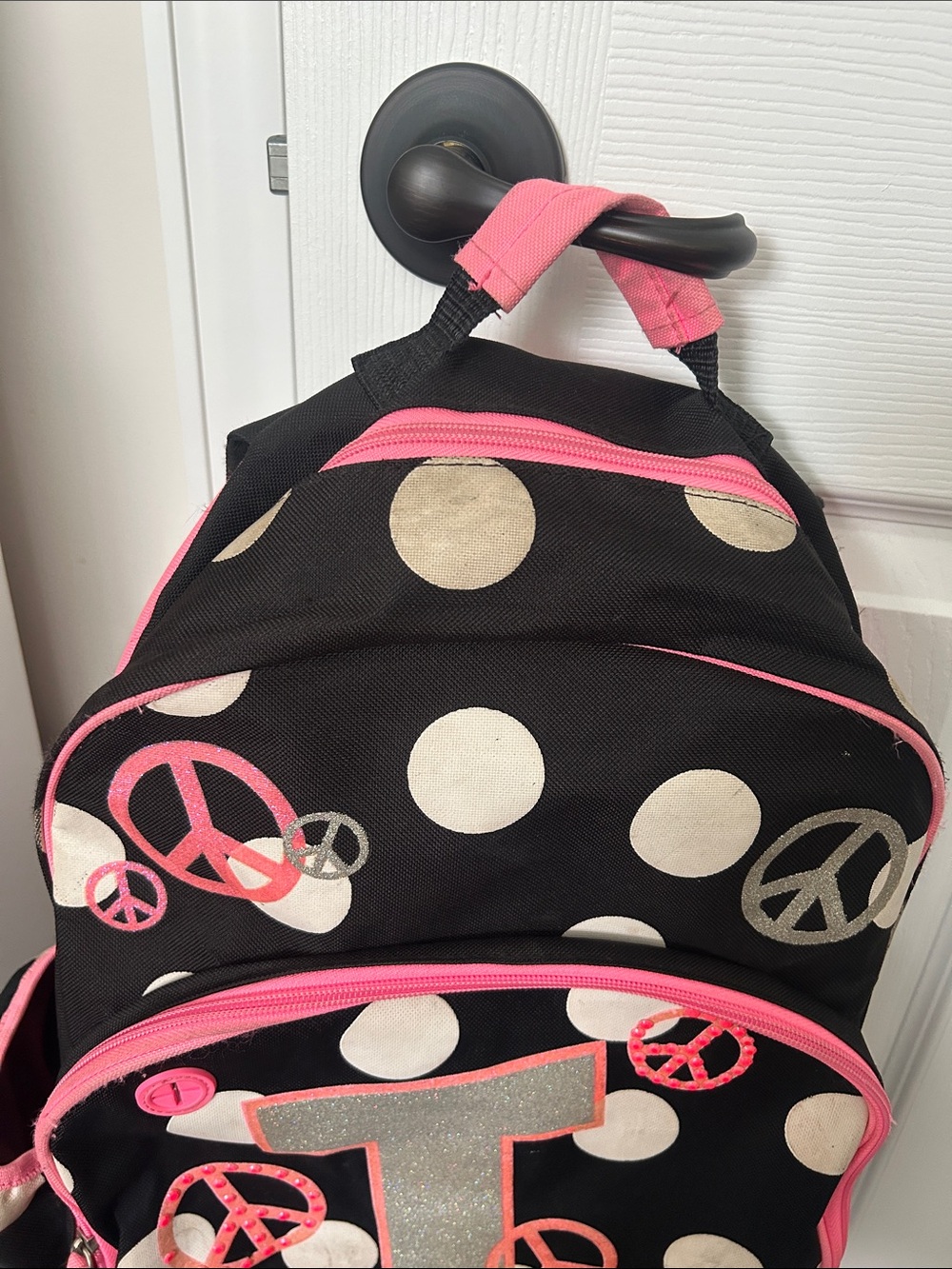 ☮️Justice Backpack - Black & Pink Polka Dots with Glitter J ☮️ - Picture 2 of 14